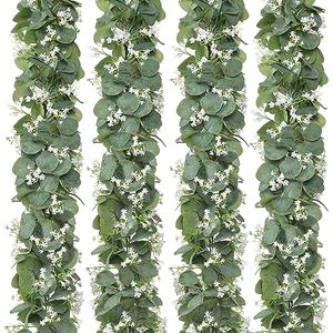 KHOYIME Eucalyptus Garland with White Flowers, 4 Packs 5.9Ft Artificial Silver Dollar Eucalyptus Leaves Plant Fake Greenery Hanging Ivy Vines Faux Wreath for Wedding Arch Party Mantle Table Home Decor