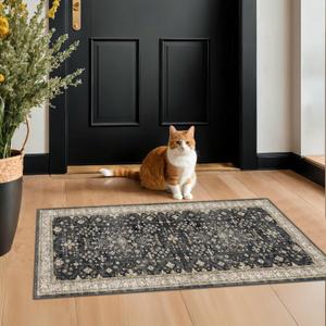 2x4 Entryway Runner Rugs, Small Runners for Kitchen, Door Mat Indoor Entrance, Bathroom, Non-Slip Low-Pile Washable Stain Resistant, Vintage Ashen Charcoal Floral Decor (Ashen/Multi)