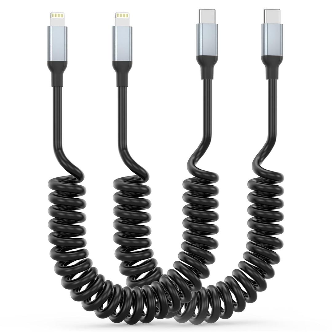 Coiled USB C to Lightning Cable, 2Pack USB Type C to Lightning Cable Retractable iPhone Charger Cord for Car Short USBC iPhone Charger for iPhone14/13/12/11 Pro Max/XS MAX/XR/XS/X/8/7/Plus/6S iPad