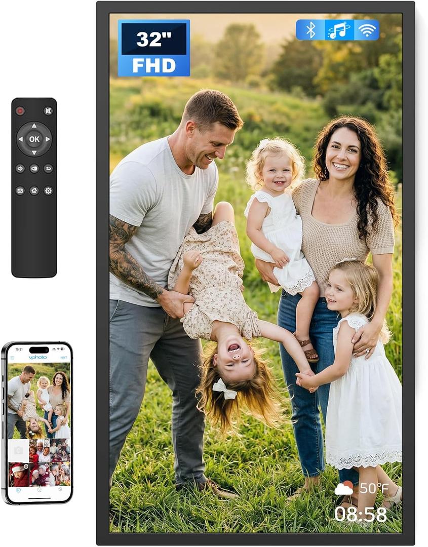 32" Large Digital Picture Frame, 64GB, Anti-Glare Non-Touch, WiFi Wall-Mount Frame for Home/Business, 1920x1080 FHD, Share via App, Email, USB & Micro SD, Remote Included, Black