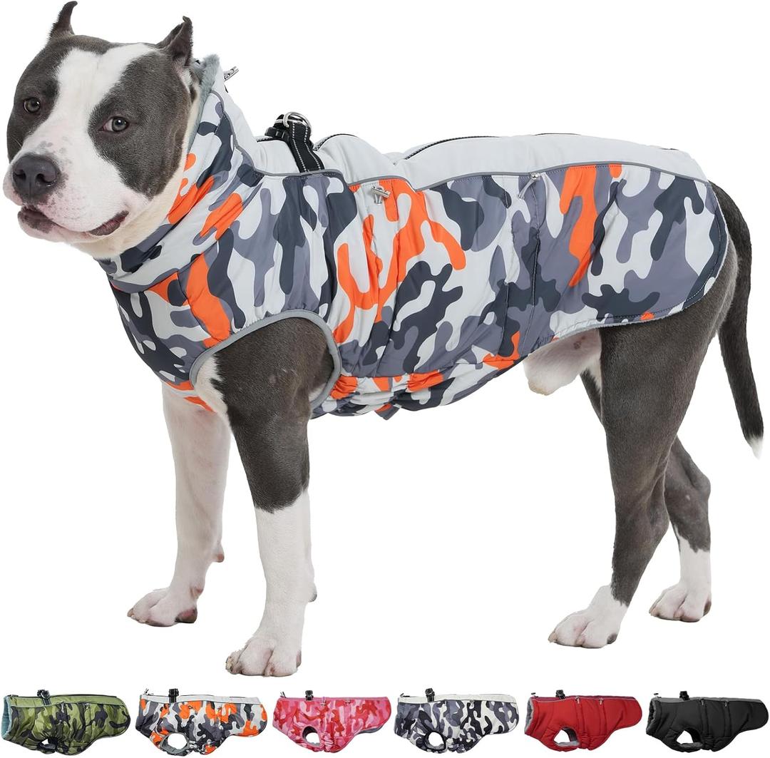 Dog Coat Winter Warm Dog Jackets for Large Dogs Reflective Snowsuit with Harness Fleece Dogs Snow Jacket Waterproof Pet Clothes for Cold Weather (Orange-Camouflage)