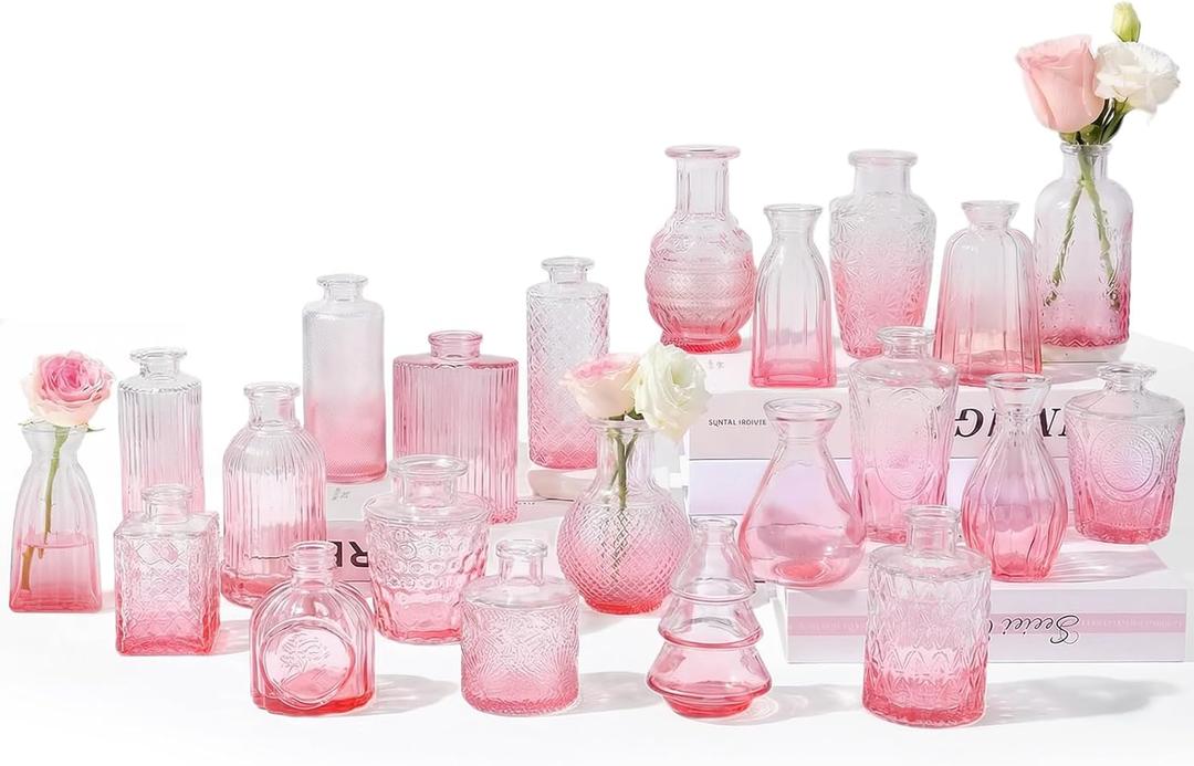 RUCKAE Flower Vase in Bulk 22 Glass Bud Vases Vintage Small Vases for Centerpiece Table Wedding Decorations Home Decor Party (Gradient Pink 22 Pack)