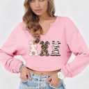 Women's Easter Bunny Sweatshirts Long Sleeve V Neck Cropped Cute Rabbit Shirts Graphic Tops (Pink, M)