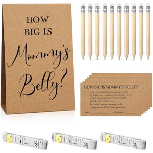 Sabary 64 Pcs Baby Shower Games Include How Big is Mommy's Belly Sign Measure Bump Game 50 Cards 10 Pencils 3 Measuring Tapes for Baby Shower Gender Reveal Party Supplies(Kraft)