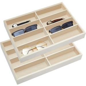 Amylove 2 Pcs Sunglass Organizer Trays Glasses Stackable Jewelry Trays Sunglass Organizer Display Box(8 Grids,Beige)
