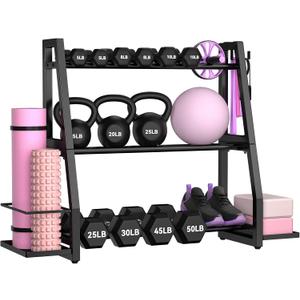 Weight Rack for Home Gym, Dumbbell & Kettlebell Rack
with Side Storage, 600LB Heavy Duty,3 Tier Workout Storage for Dumbbell,Kettlebell,Yoga Mats,Small Fitness Essentials