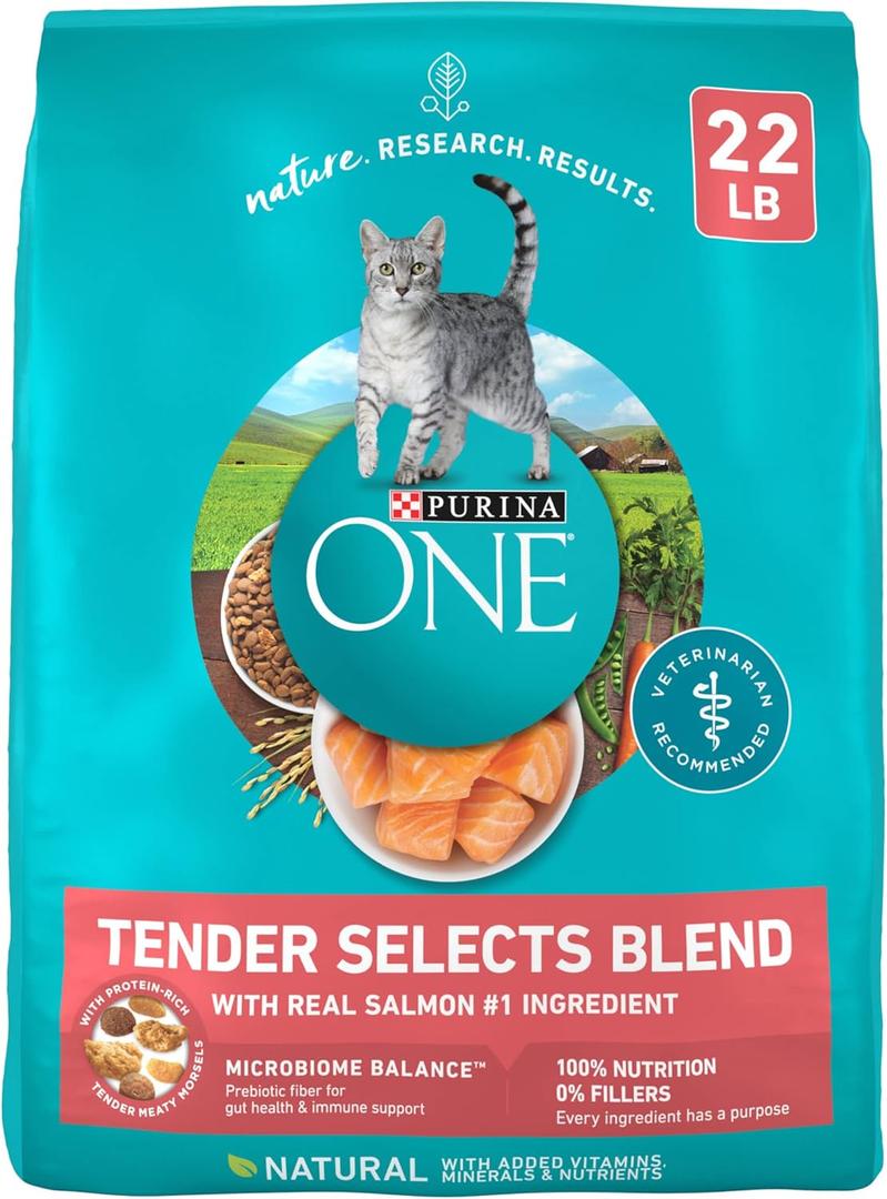 Purina ONE Natural Dry Cat Food, Tender Selects Blend with Real Salmon - 22 lb. Bag BBD: 07-15-25
