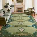 8’x10’ Washable Green Mid Century Modern Area Rug for Living Room | Soft, Non-Slip, Low Pile, Funky Retro Aztec Large Rug for Bedroom Dining Room Playroom, Green