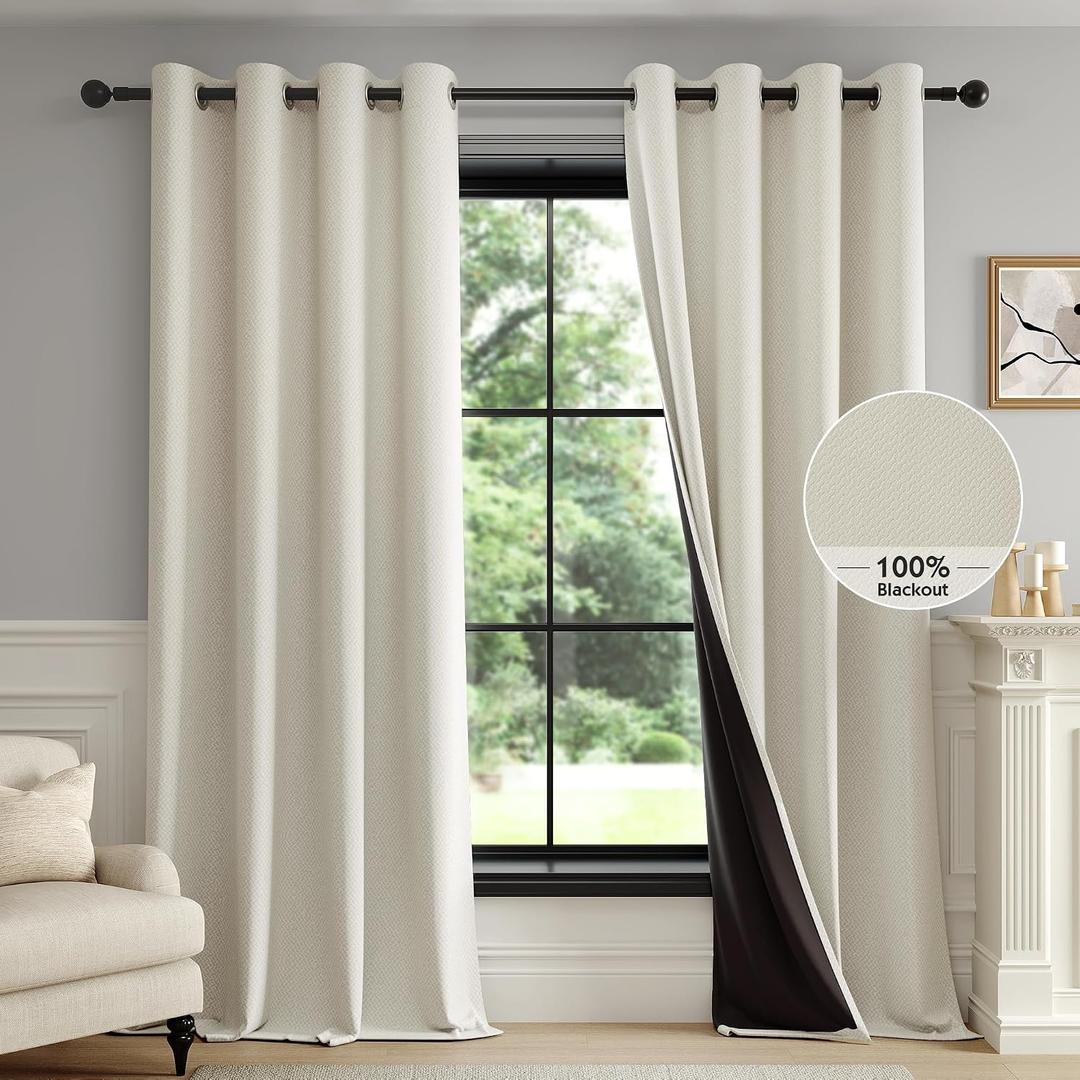 FMFUNCTEX 100% Beige Blackout Curtains for Living Room, Cream Weave Textured Geometric Weave Curtains 96 Inches Long Thermal Insulated Curtains Bedroom, Farmhouse Drapes Grommet 2 Panels, 52"W x 96"L