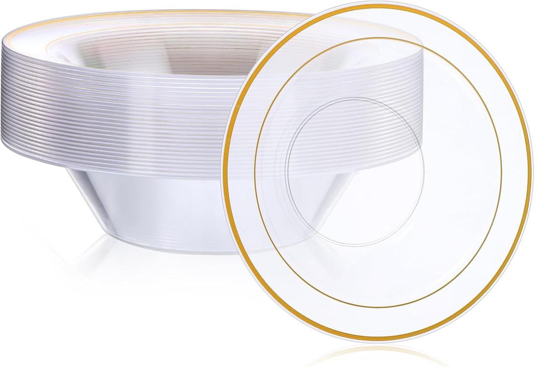 MAQUITA 50 Pcs Plastic Bowls with Gold Rim, 12oz disposable Soup Bowls, Christmas Thanksgiving Premium Dessert Salad Bowl for Wedding/Party MAQUITA 50 Pcs Plastic Bowls with Gold Rim, 12oz disposable Soup Bowls, Christmas Thanksgiving Premium Dessert Salad Bowl for Wedding/Party