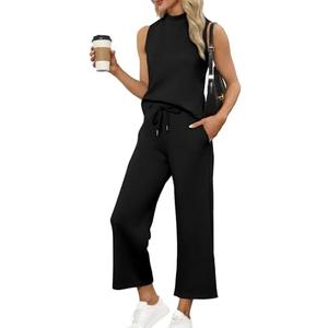SAMPEEL Two Piece Sets for Women Summer Outfits Lounge Sets Mock Neck Tops Wide Leg Crop Pants Vacation Travel Outfits, Small