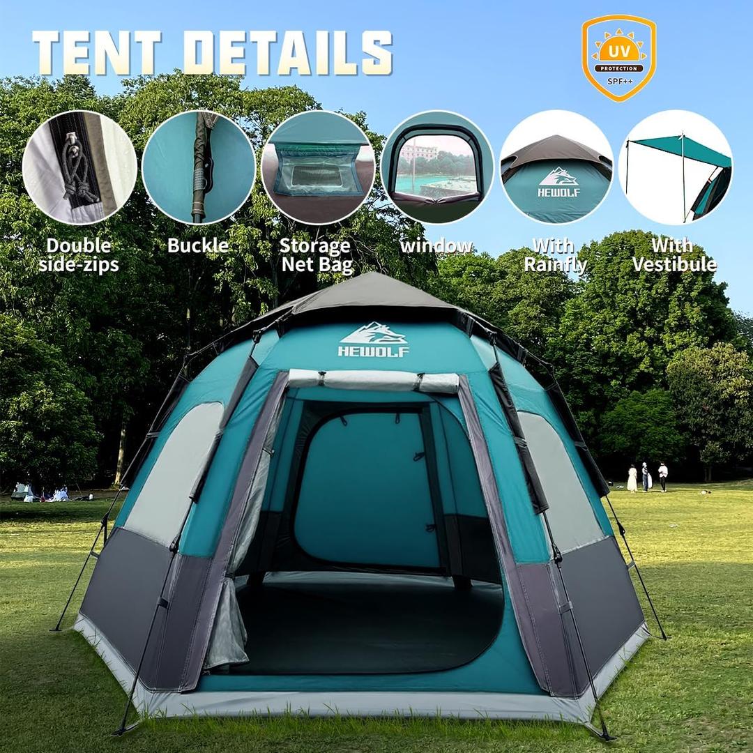 Hewolf 2/3/4 Person Camping Tent - Instant Pop Up Waterproof 2 Doors Tent with Easy Setup | 3-Season Hexagonal Dome Design for Family, Hiking & Traveling