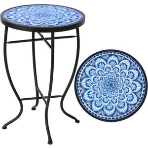 Elevon 14 Inch Round Side Ceramic Tile Top Indoor and Outdoor Accent Table, Greek