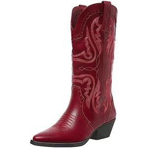 Cowboy Boots for Women Cowgirl Mid Calf Western Boots Embroidered Stitched Pointed Toe Chunky Block Heel Brown Red Black US5, Size 7