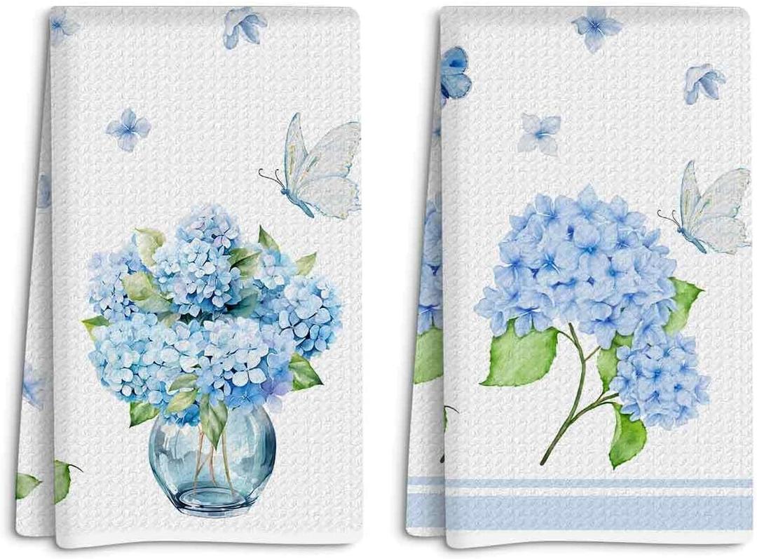 2 Pcs Blue Floral Butterfly Print Dish Towel Set, Absorbent Decorative Waffle Weave Bath Towel Kitchen Dish Guest Towels, Gift for Women Friend Coworker Sister Christmas Birthday Housewarming
