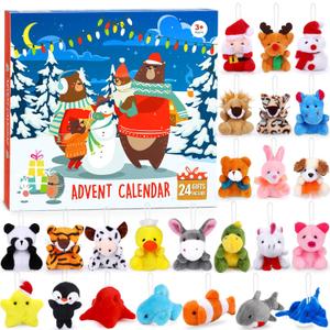 Christmas Advent Calendar 2025 for Kids 24 Days of Surprise Countdown Calendar Gift Box with Mini Animal Plush Toys Christmas Stocking Stuffer Christmas Tree Decoration Xmas Party Favor for Boys Girls