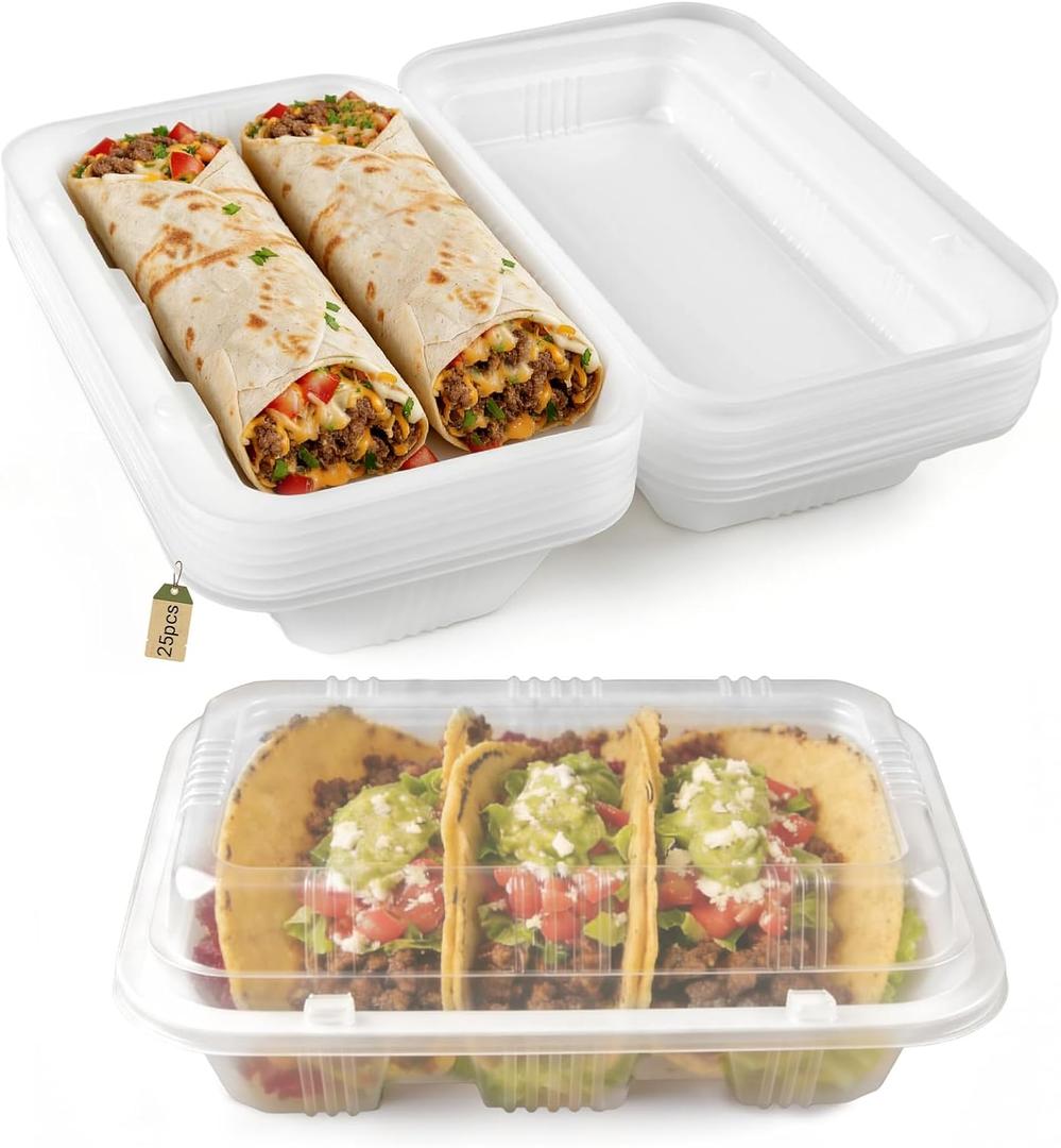 50PK Street Taco Holders, Disposable Taco Holders Box with Lids, 2-Burrito Clamshell Box BPA Free for Taco Bar Supplies, Microwave Safe 3 Dividers Dust-Proof Taco Plates