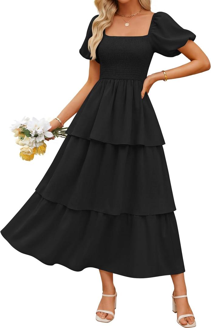 ZESICA Women's Summer Smocked Midi Dress 2026 Casual Puff Short Sleeve Flowy Tiered Boho Beach Vacation Long Dresses (Medium, Black)