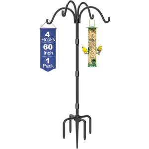 Upgrade 4-Hook Shepherd Hooks for Outdoor with Plastic Tube, 60" Heavy Duty Bird Feeder Pole with 5 Prongs Base, Adjustable Garden Hook for Solar Light, Hanging Plant, Wedding Decor, 1 Pack