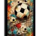 Framed Graffiti Soccer Ball Wall Art, Trendy Colorful Sports Canvas Print, Abstract Football Poster Artwork, Modern Street Art Wall Decor for Boys Bedroom Bar Living Room, 16"L x 24"W