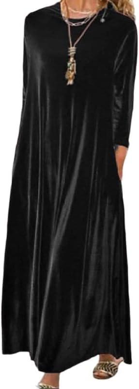 Melliflo Velvet Dress for Women Casual Crewneck Shirt Dresses Elegant Cocktail Long Sleeve Maxi Dress with Pocket (XX-Large Plus, Black)
