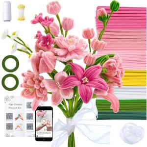 LENYNAL 500 Pcs Pastel Pipe Cleaners Bulk Craft, Pink Pipe Cleaner Flower Kit, Glue-Free & Safe for Kids, Step-by-Step Tutorial, 6 Colors Chenille Stems for Flower Making, 12 Inches