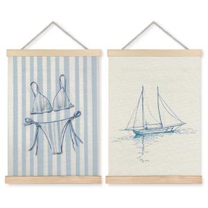 Yomisex Blue Coastal Beach Bikini Sailboat Wall Art Poster, Preppy Beach Room Decor, Blue Striped Swimsuit Nautical Sail Boat Wall Art Framed for Home Bedroom Living Room Decor, 12x16 Inch Set of 2
