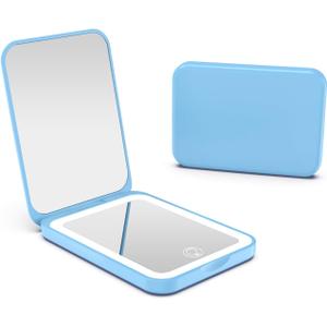 Kintion 2025 Pocket Mirror, Rechargeable Dimmable 3 Color Lighting 1X/3X LED Compact Travel Makeup Mirror for Purse, Portable, Folding, Handheld, Small Lighted Mirror for Women Gift, Blue