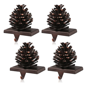 JUSTOTRY 3D Pine Cones Christmas Stocking Holders for Mantle Set of 4 with Non-Skid Brown Stocking Holder for Fireplace Home Decor Holiday Gifts Xmas Decorations Supplies