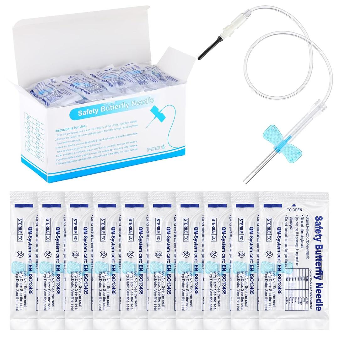 100 Pack Butterfly Needles Collection Needles Blood Collection Set with Holder Sterile Individual Packaging for Laboratories and Veterinary (Style1,23G X 3/4" X 12",Blue)