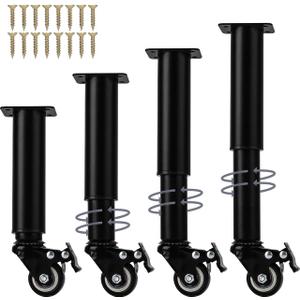 12.4-18 Inch / 31-45cm Adjustable Furniture Legs with Swivel Caster Wheels, 4Pcs Heavy Duty Replacement Support Legs for Cabinet/Storage Shelf/Sofa/Bed/Dresser/Couch/Coffee (Black)