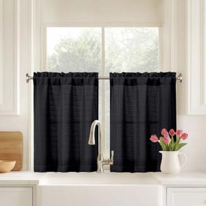 Black Kitchen Curtains 30 Inch Length 2 Panels Set, Soft Fabric Faux Linen Farmhouse Short Cafe Curtains for Small Half Window Bathroom Basement Camper, Dual Rod Pocket, 2x30Wx30L Inches