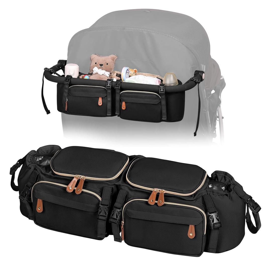 Double Stroller Organizer for Bob Duallie and Baby Jogger City Mini GT2, Double Stroller Caddy Organizers with Cup Holder and 2 Cooler Pockets Parent Console Double Stroller Accessories (Black)