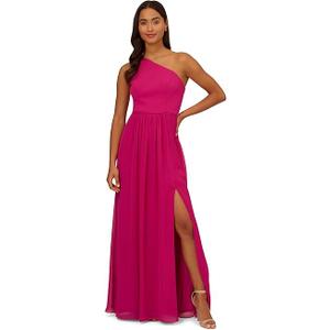 Adrianna Papell Women's One Shoulder Chiffon Gown | Long Evening Gown with Pleated Skirt, Fitted Bodice & Side Leg Slit, Bright Magenta 16