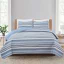 Market & Place 3 Piece Reversible Quilt Set with Shams | All-Season Soft & Lightweight Bedspread with Modern Striped Pattern | Elise Collection (Full/Queen, Blue/Grey)