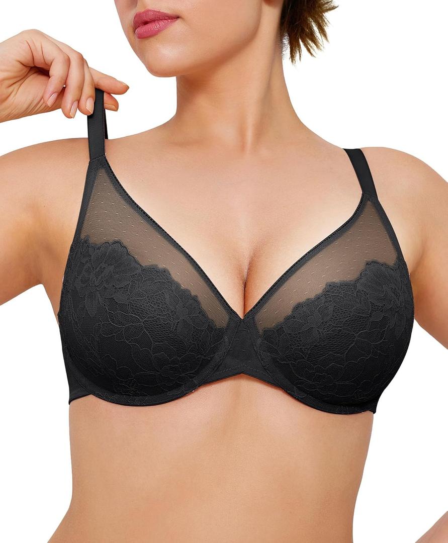Popilush Minimizer Bras for Women Plus Size Full Coverage Lace Underwire Support Push Up Bra for Heavy Breast Everyday Wear (42D, Black)