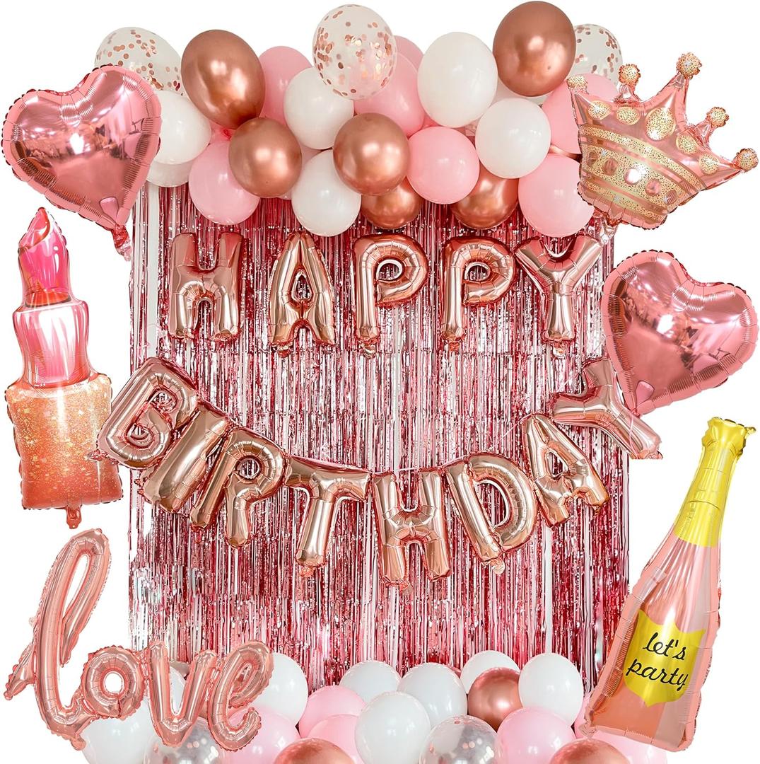 VIDAL CRAFTS 71-Piece Rose Gold Birthday Decorations - Party Backdrop with Latex, Foil & Confetti Balloons, Happy Birthday Banner & Rose Gold Foil Fringe Curtains [UPGRADED]