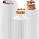 JALANCY Metal Pleated Cylinder Pedestal Stands for Party, 3 Pieces Heavy Duty Round Cake Pedestal Stand Display Plinth Pillars Art Decor for Wedding Ceremony Birthday Party（Large, White）