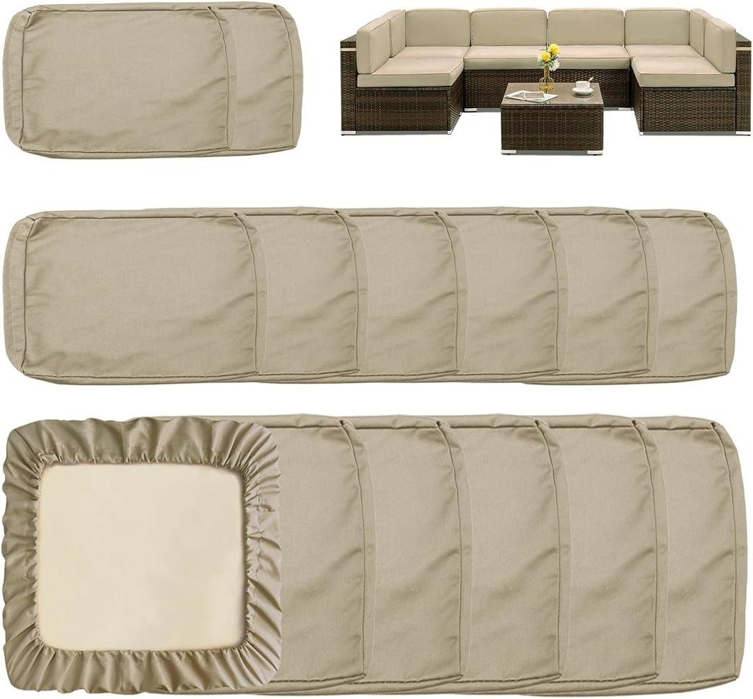 Sqodok Outdoor Cushion Covers 14Pcs Patio Cushion Slipcovers, Replacement Waterproof with Zipper for 6-Seaters Sofa, Outdoor Furniture Cushion Slipcovers Set Seat and Back, Covers Only, Tan (25"Lx25"Wx4"H, Tan-14covers)
