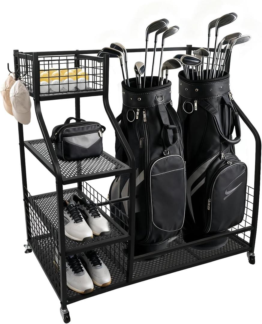 hanmir Sports Equipment Organizer, Golf Ball Storage Rack & Golf Bag Holder for Garage, with Storage Basket and Hooks, Indoor Outdoor Toy Ball Organizer for Golf Clubs, Basketball, Toys