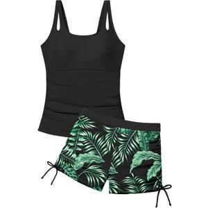 Girls Tankini Swimsuit 2 Piece Bathing Suits for Girls Square Collar Swim Tank Top and Drawstring Bottoms for 15-16Y, Black+Green