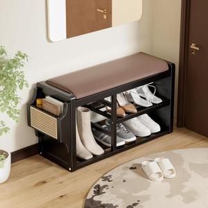 Solid Wood Shoe Bench with Leather Cushion, Shoe Storage Organizer with Side Holder, Shoe Rack Bench for Entryway, Hallway, Living Room, Mudroom, Holds Up to 600 lb (Black, 31.5"Wx12.6"Dx18.9"H)