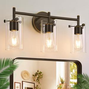 3-Light Bathroom Light Fixtures 2023 Upgrade, Oil-Rubbed Bronze Modern Vanity Lights with Clear Glass Shade, Bathroom Wall Sconces for Mirror Bedroom Living Room Cabinet