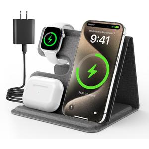 Wireless Charger iPhone, Fast Charging Station for Apple Watch, 3 in 1 Portable Charge Stand for Samsung Galaxy S24/S25 iWatch iPhone 16 15 14 13 12 Pro Max AirPods