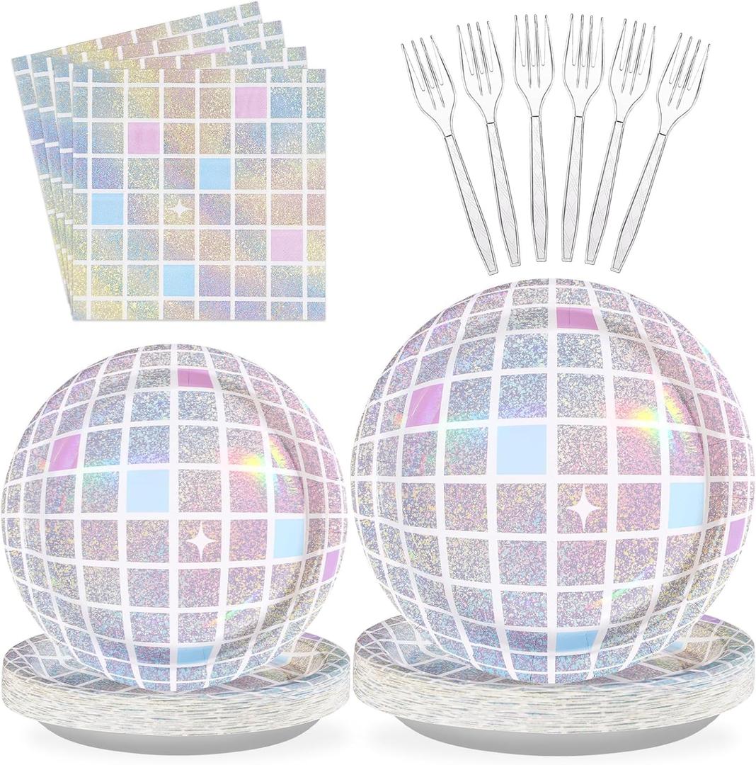 Grencian 96Pcs Disco Party Supplies Pink Pastel Silver Disco Ball Plates and Napkins Tableware Sets Rainbow Iridescent Birthday Decorations for Wedding Sprinkle Bachelorette 70s Disco Party Serves 24