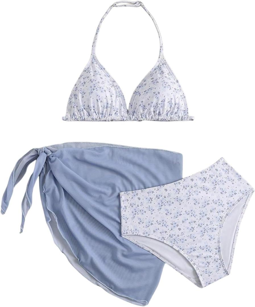 Milumia Girl's 3 Piece Bikni Set Ditsy Floral Halter Swimsuit with Cover Up Skirts (Multicolor, 11Y)