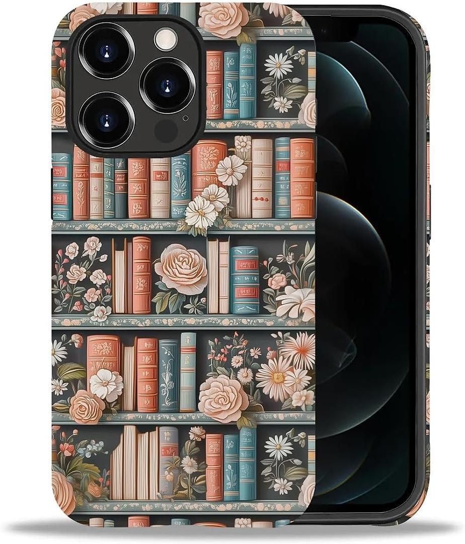 DAIZAG Phone Case Compatible with iPhone 12/12 Pro,Flower Bookshelf Mixed 2 Layer Soft Silicone+Hard PC Ddouble Protection Ultra-Thin Phone Case for iPhone 12/12 Pro