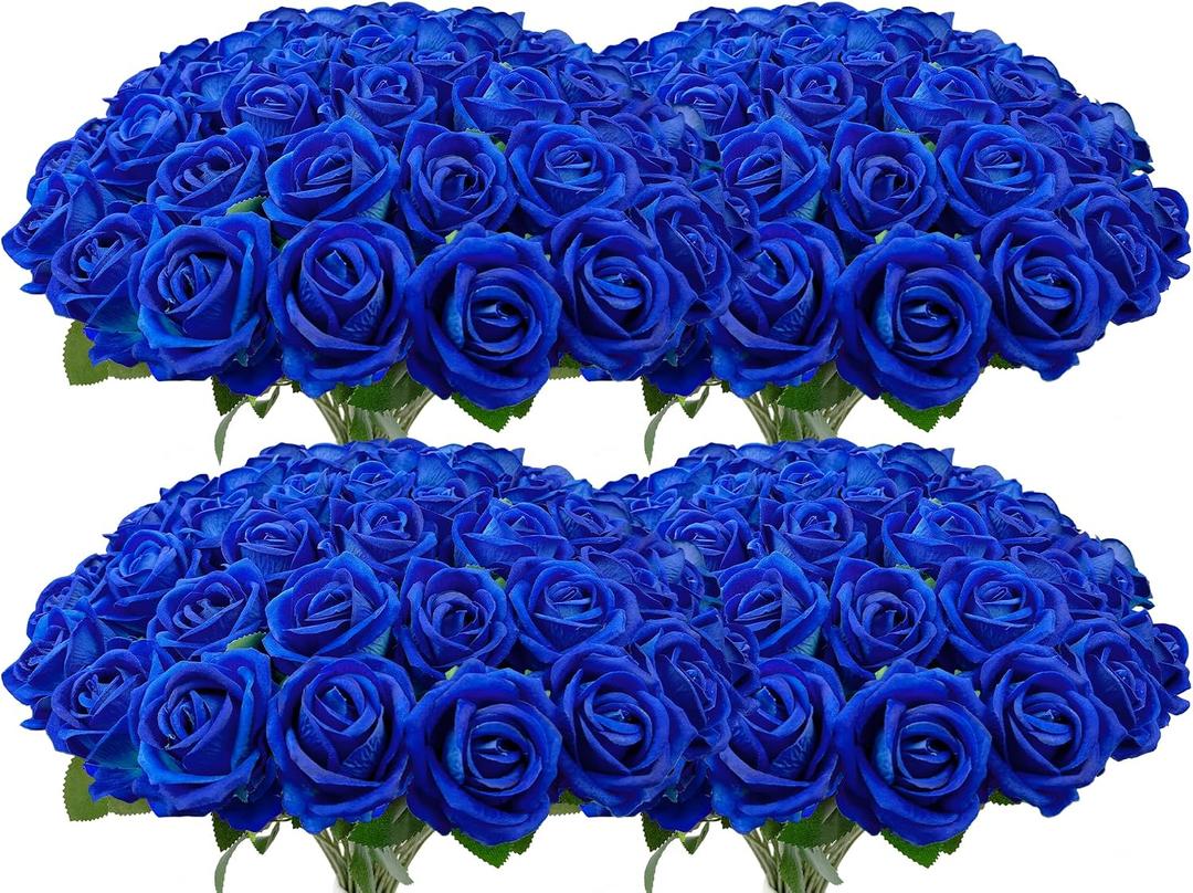Wondrus Bulk Artificial Flowers 100 PCS, Fake Velvet Silk Blue Roses with Long Stems Realistic Bouquet for Wedding Centerpieces, Faux Arrangement for Home Table Decor