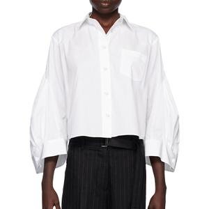 Women's Button Down Shirts Pleated Wide Sleeves Blouse Cuff Buttons Casual & Work Top (White)
