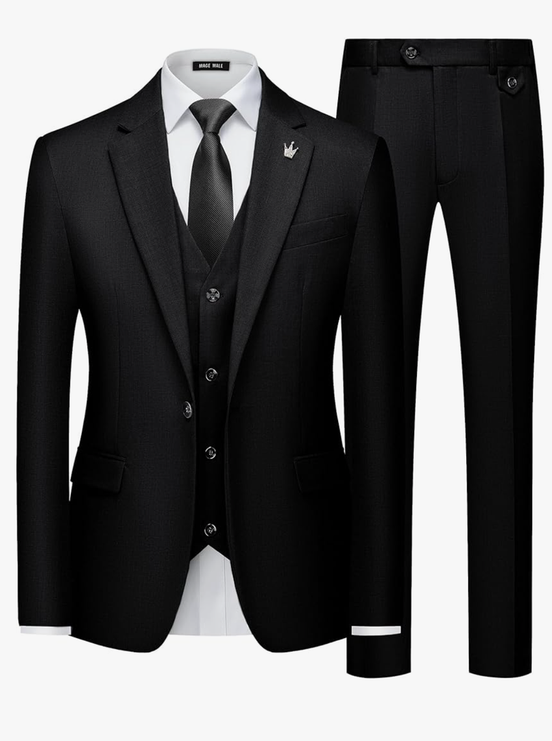 MAGE MALE Mens Suits Slim Fit 3 Piece Tuxedo Suit One Button Solid Prom Wedding Party Blazer Vest Pants Set with Tie, Size M